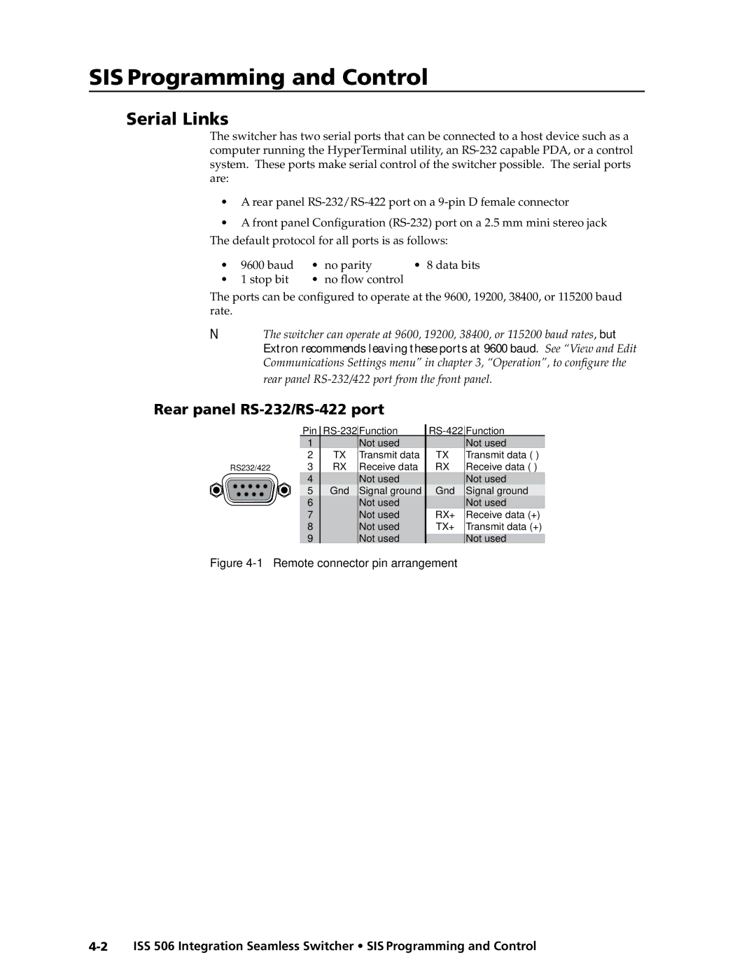 Extron electronic ISS 506 manual Serial Links, Rear panel RS-232/RS-422 port 