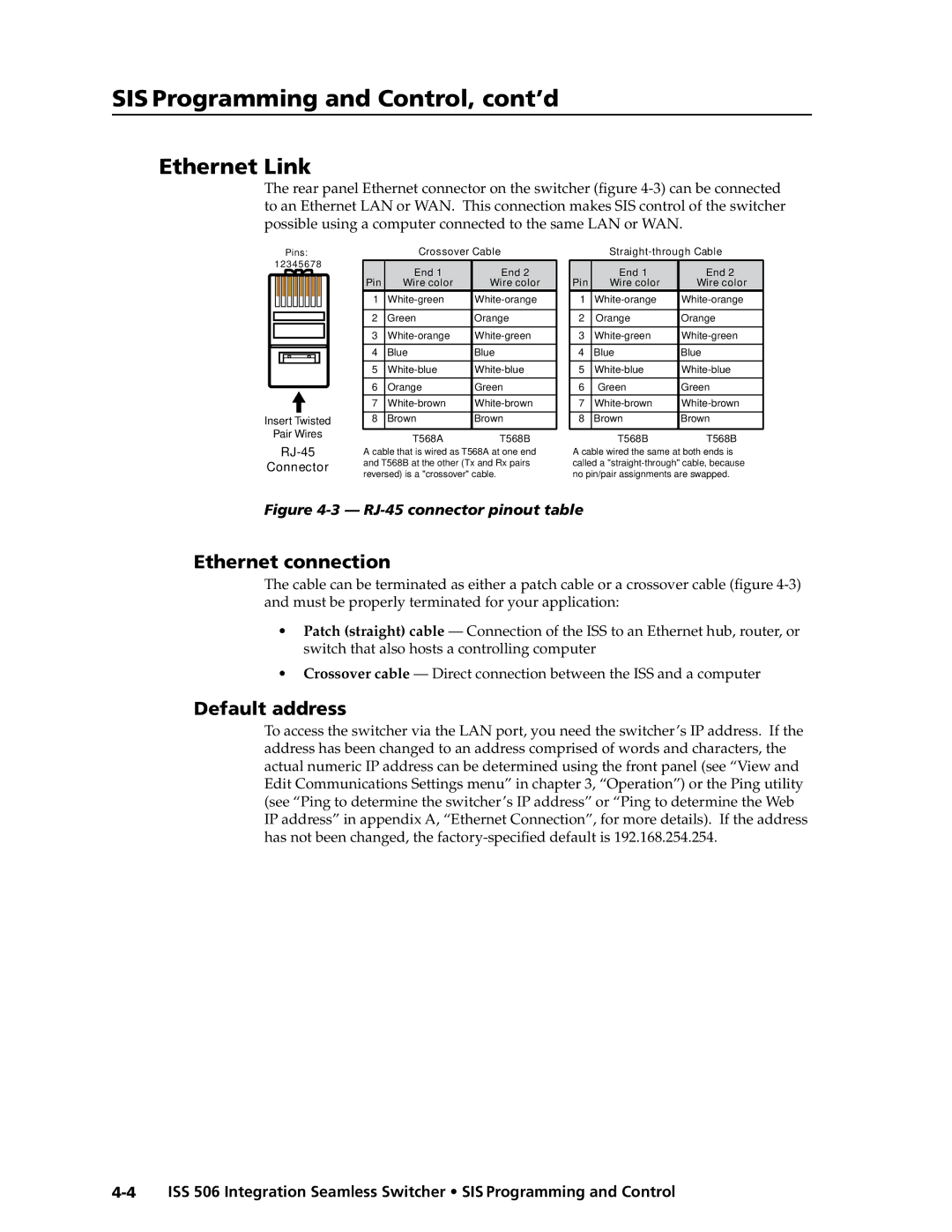 Extron electronic ISS 506 manual SIS Programming and Control, cont’d, Ethernet Link, Ethernet connection, Default address 