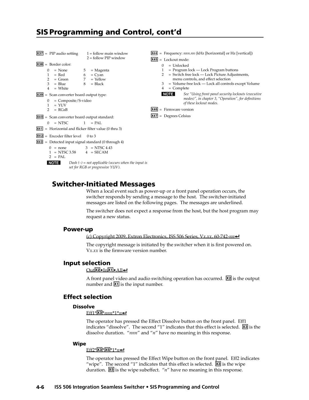 Extron electronic ISS 506 manual Switcher-Initiated Messages, Power-up, Input selection, Effect selection 