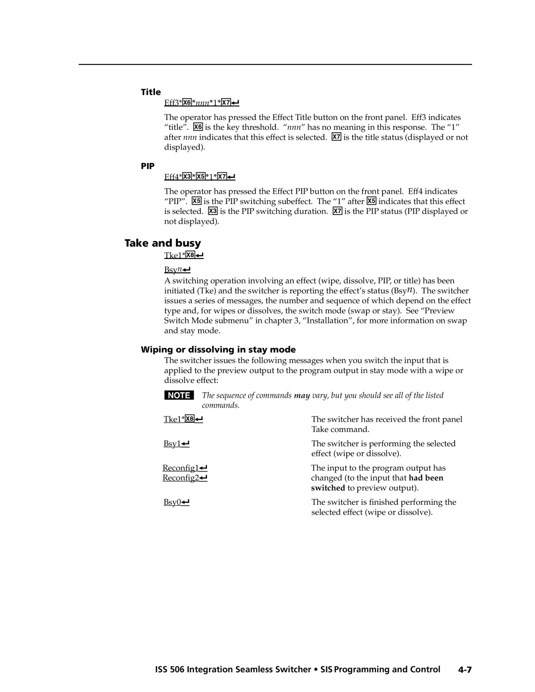 Extron electronic ISS 506 manual Take and busy, Title, Wiping or dissolving in stay mode 