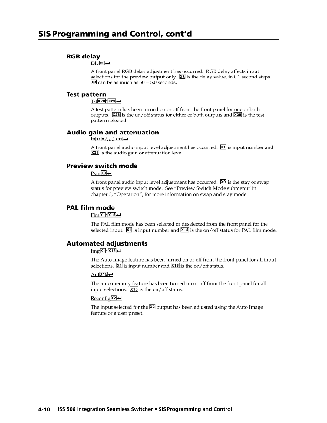 Extron electronic ISS 506 manual Preview switch mode, PAL film mode, Automated adjustments, TstX2**X2 
