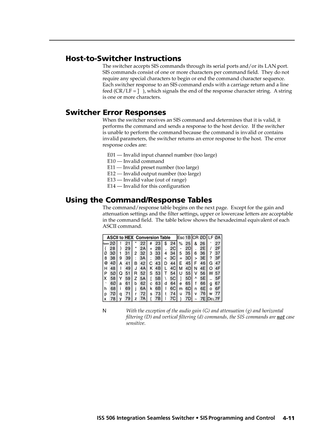 Extron electronic ISS 506 manual Host-to-Switcher Instructions, Switcher Error Responses, Using the Command/Response Tables 