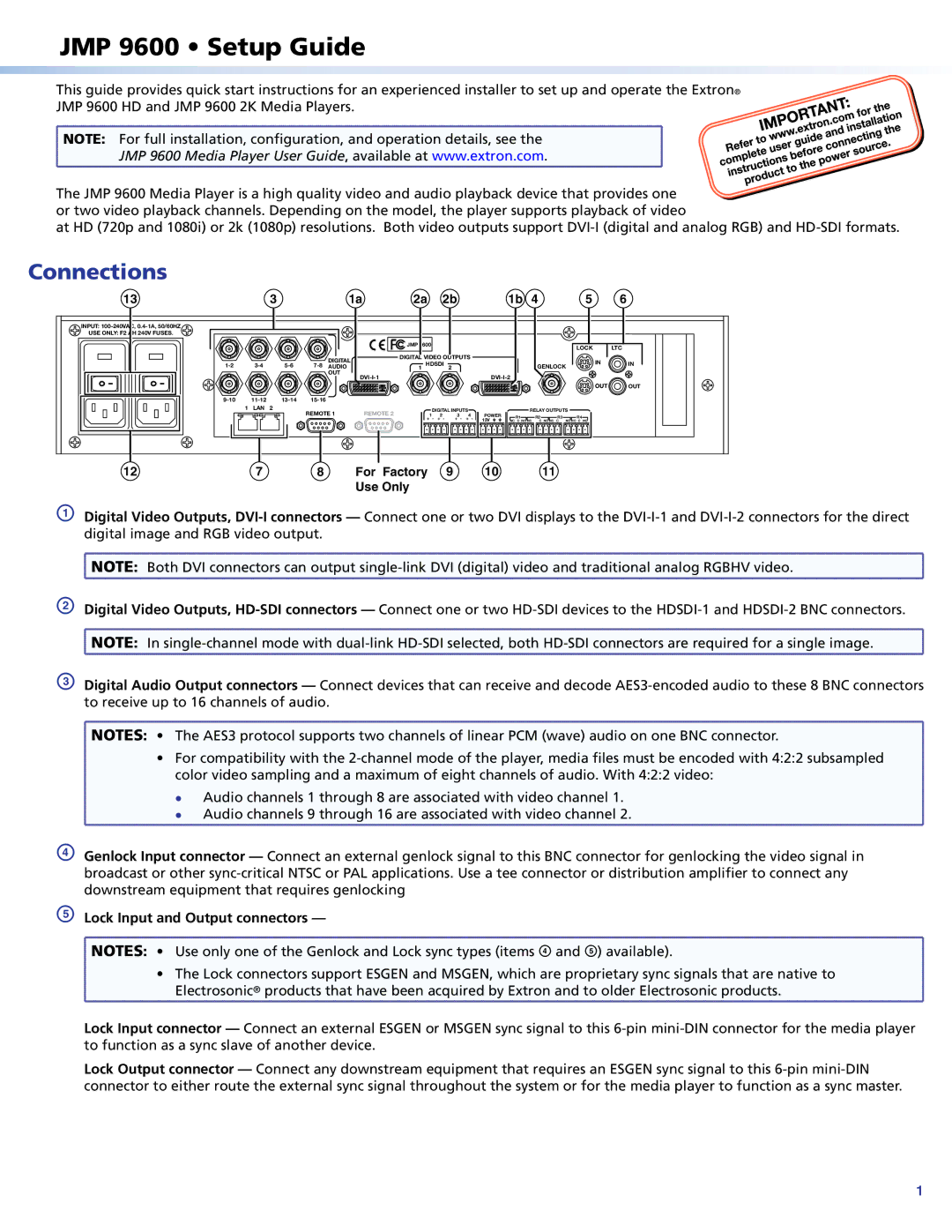 Extron electronic JMP 9600 HD, JMP 9600 2K quick start Connections, Lock Input and Output connectors 
