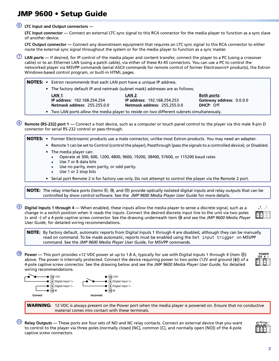 Extron electronic JMP 9600 2K quick start LTC Input and Output connectors, LAN Both ports, Gateway address, Netmask address 