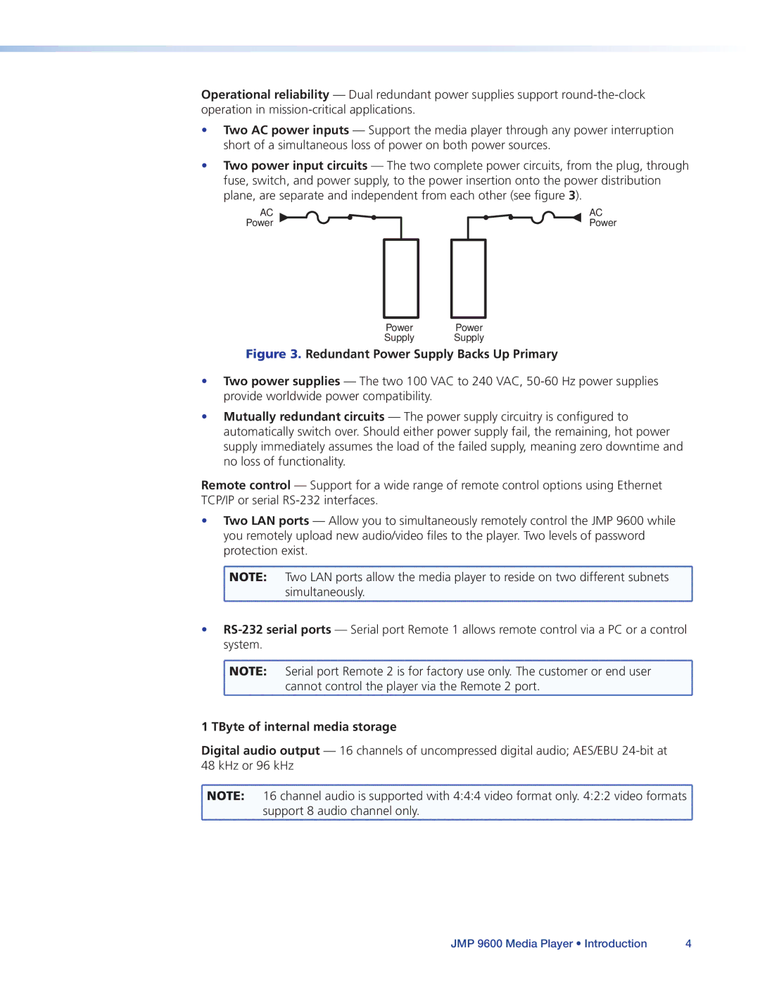 Extron electronic JMP 9600 manual Redundant Power Supply Backs Up Primary, TByte of internal media storage 