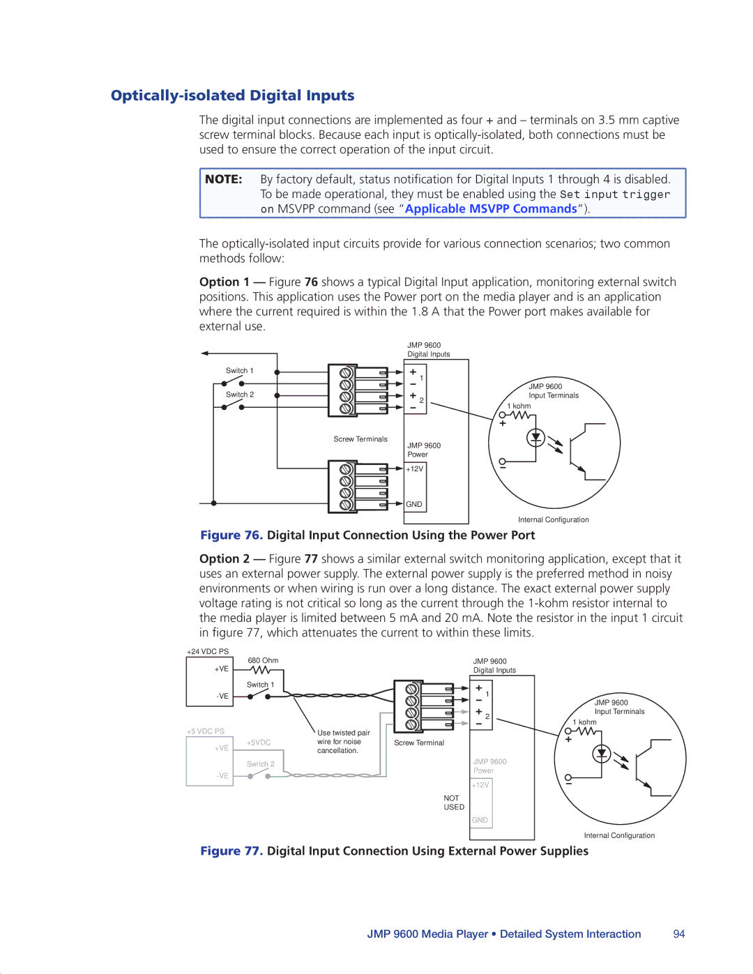 Extron electronic JMP 9600 manual Optically-isolated Digital Inputs, Digital Input Connection Using the Power Port 