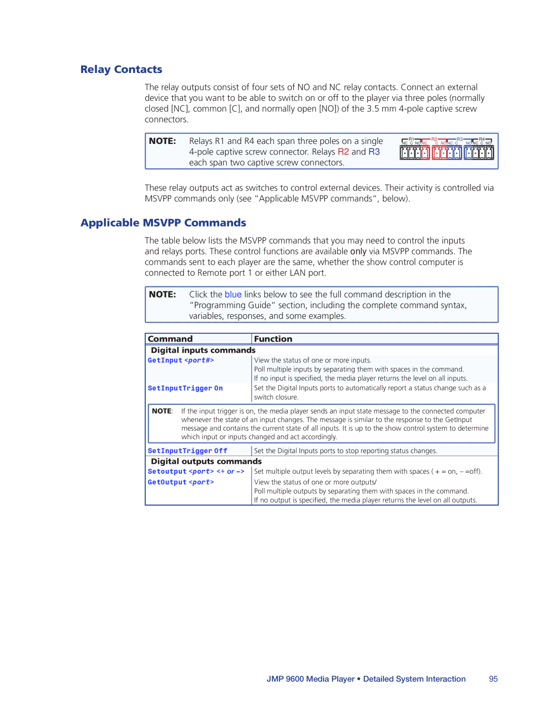 Extron electronic JMP 9600 manual Relay Contacts, Applicable Msvpp Commands, Command Function, Digital inputs commands 