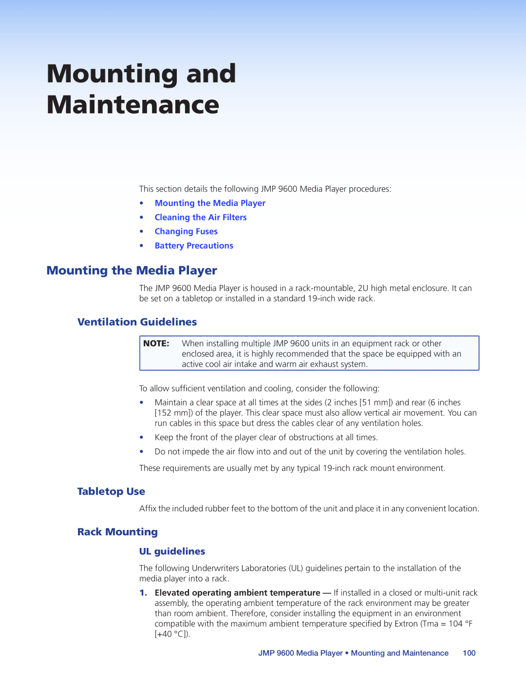 Extron electronic JMP 9600 manual Ventilation Guidelines, Tabletop Use, Rack Mounting, UL guidelines 