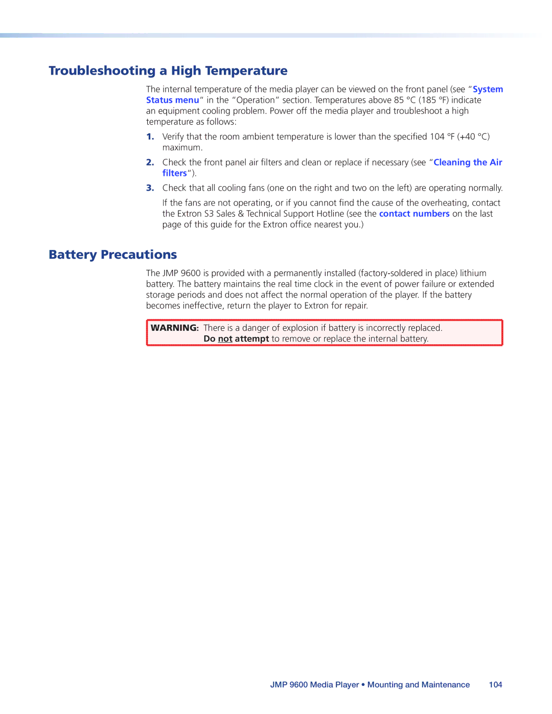 Extron electronic JMP 9600 manual Troubleshooting a High Temperature, Battery Precautions 