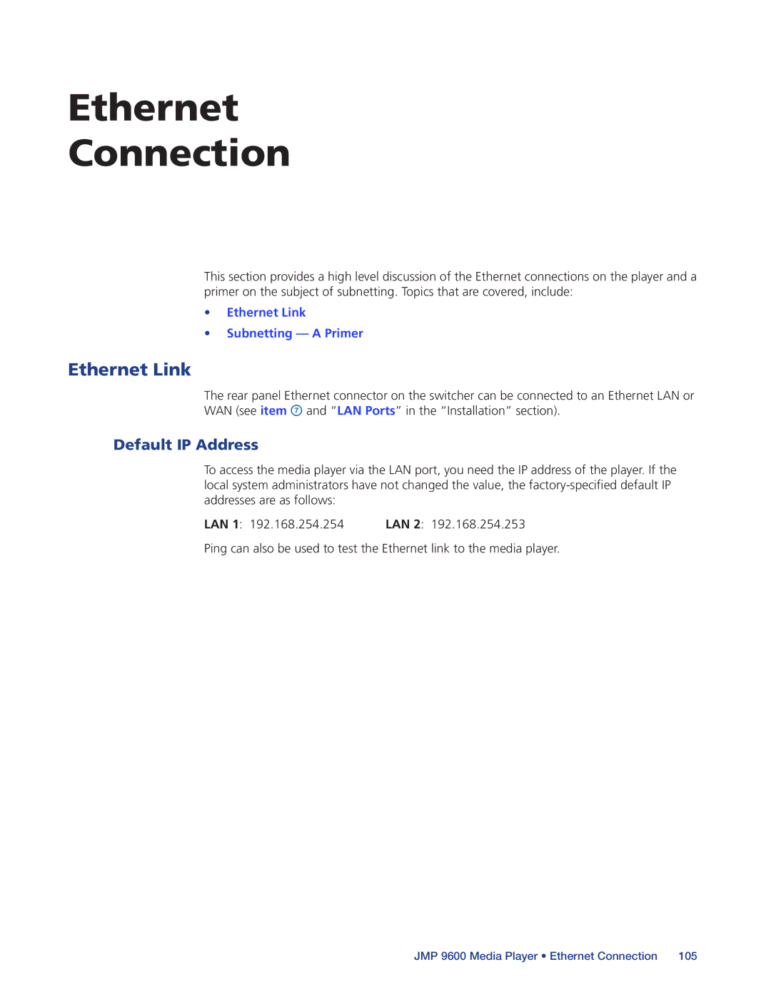 Extron electronic JMP 9600 manual Ethernet Link, Default IP Address, LAN 1 LAN 2 