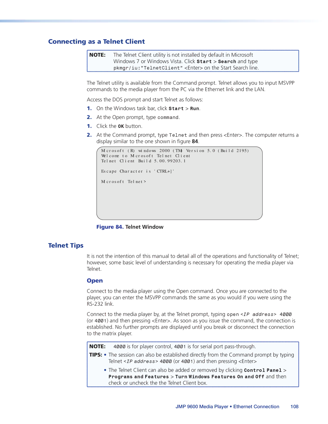 Extron electronic JMP 9600 manual Connecting as a Telnet Client, Telnet Tips, Open 