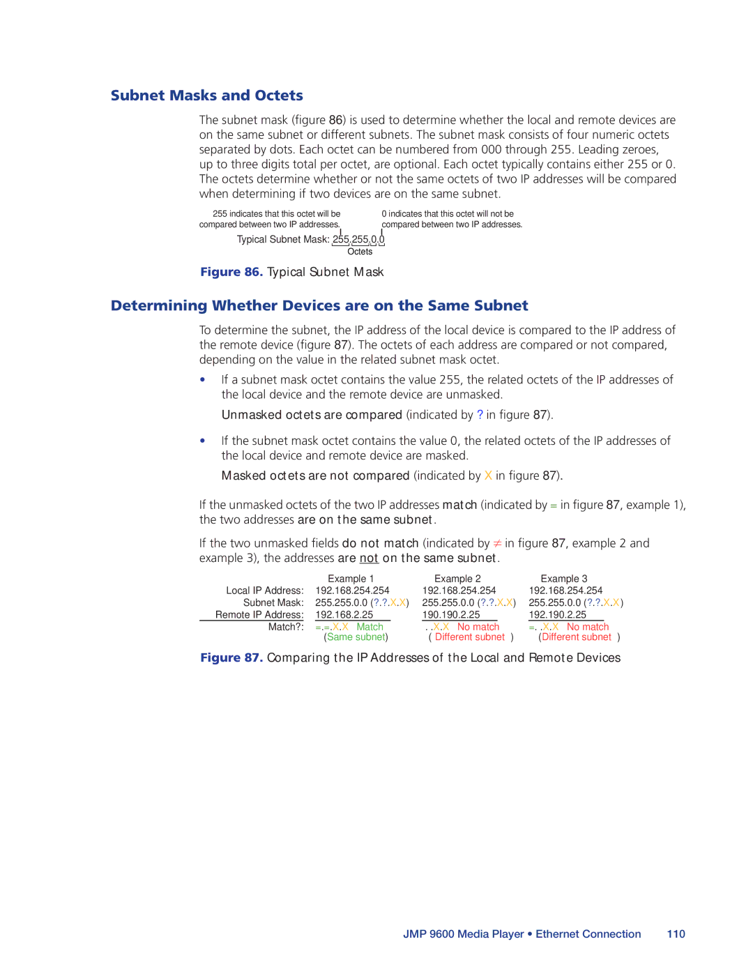 Extron electronic JMP 9600 manual Subnet Masks and Octets, Determining Whether Devices are on the Same Subnet 