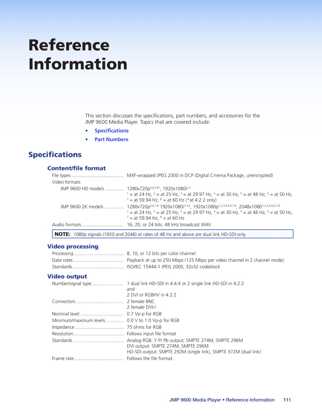 Extron electronic JMP 9600 manual Specifications, Content/file format, Video processing, Video output 