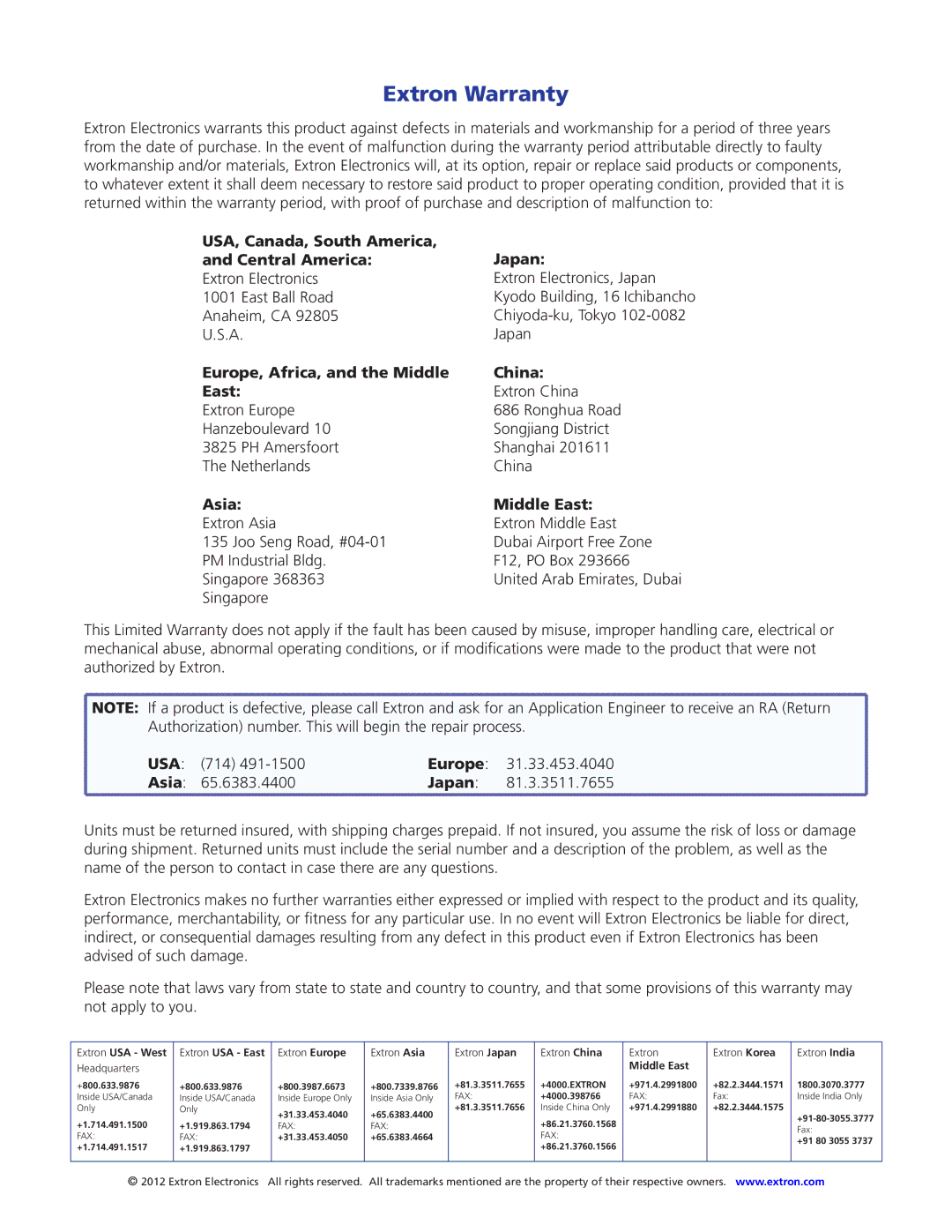 Extron electronic JMP 9600 USA, Canada, South America Japan Central America, Europe, Africa, and the Middle China East 