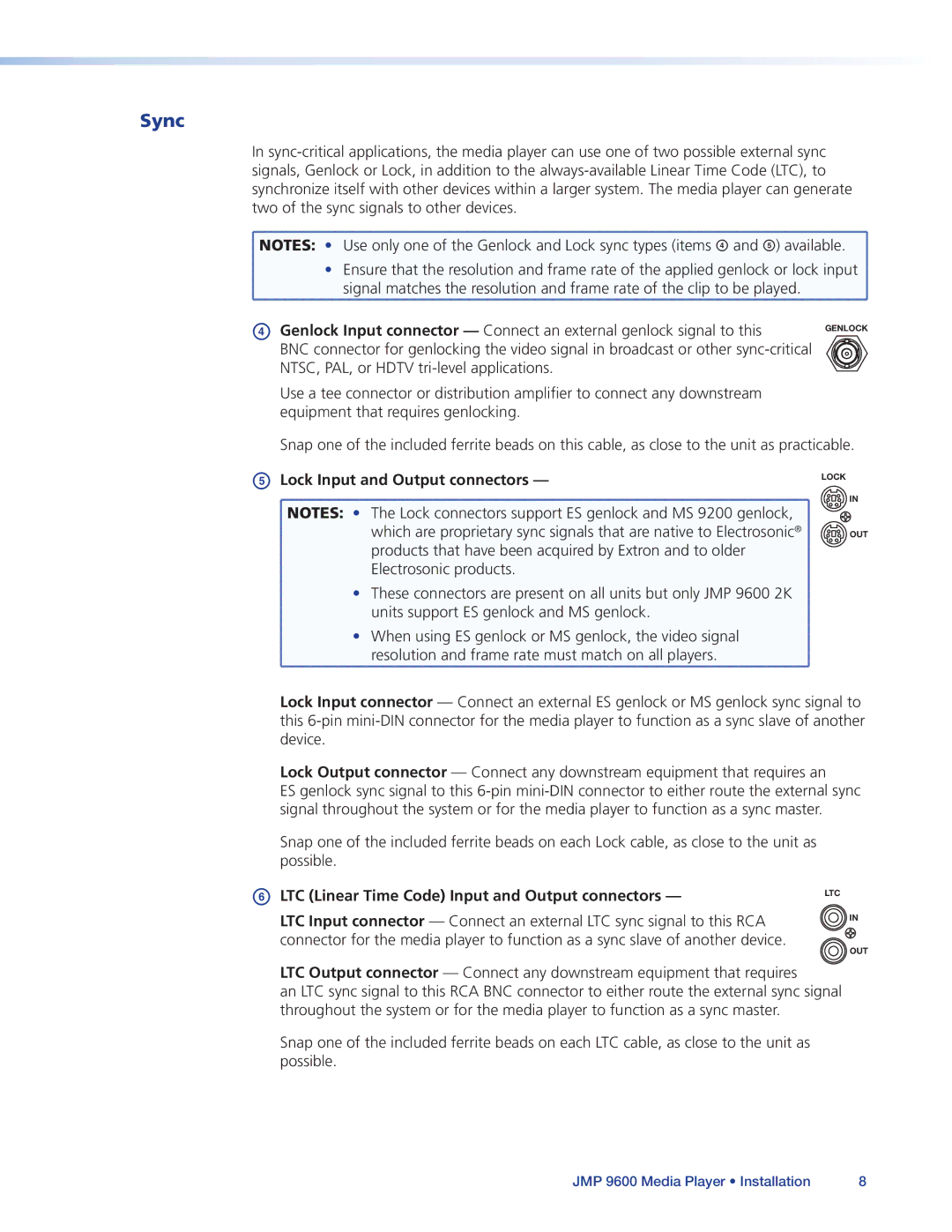 Extron electronic JMP 9600 manual Sync, Lock Input and Output connectors, LTC Linear Time Code Input and Output connectors 