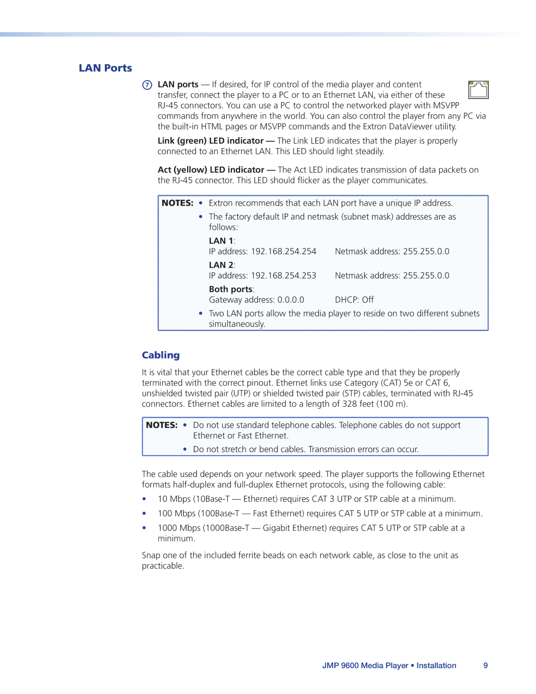 Extron electronic JMP 9600 manual LAN Ports, Cabling, Lan, Both ports 