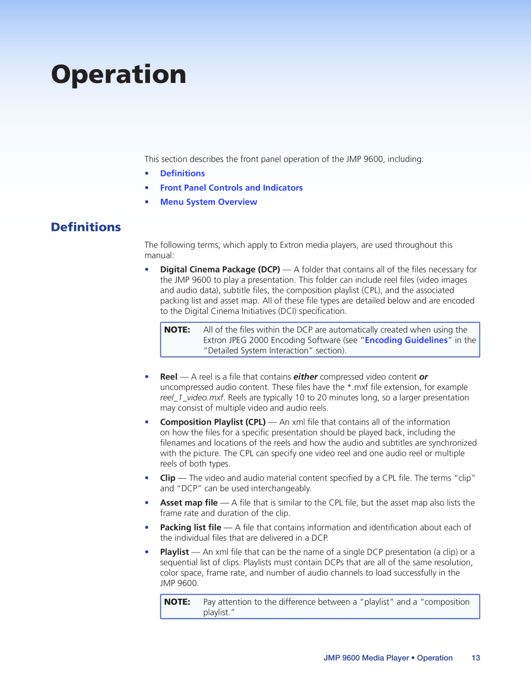 Extron electronic JMP 9600 manual Operation, Definitions 