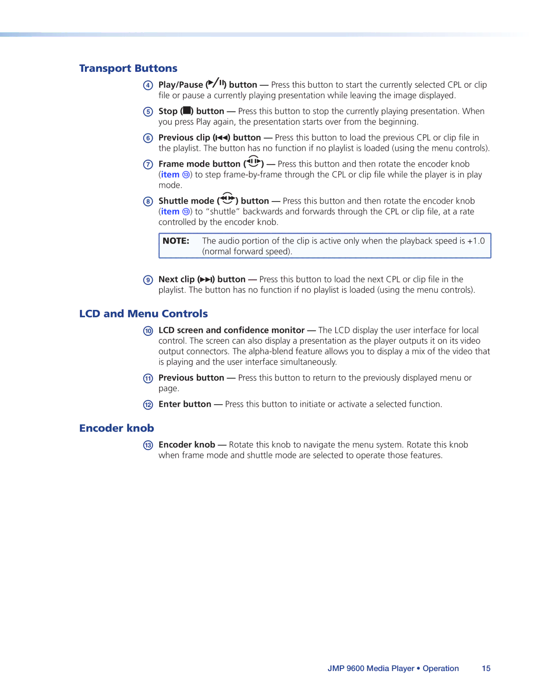 Extron electronic JMP 9600 manual Transport Buttons, LCD and Menu Controls, Encoder knob 