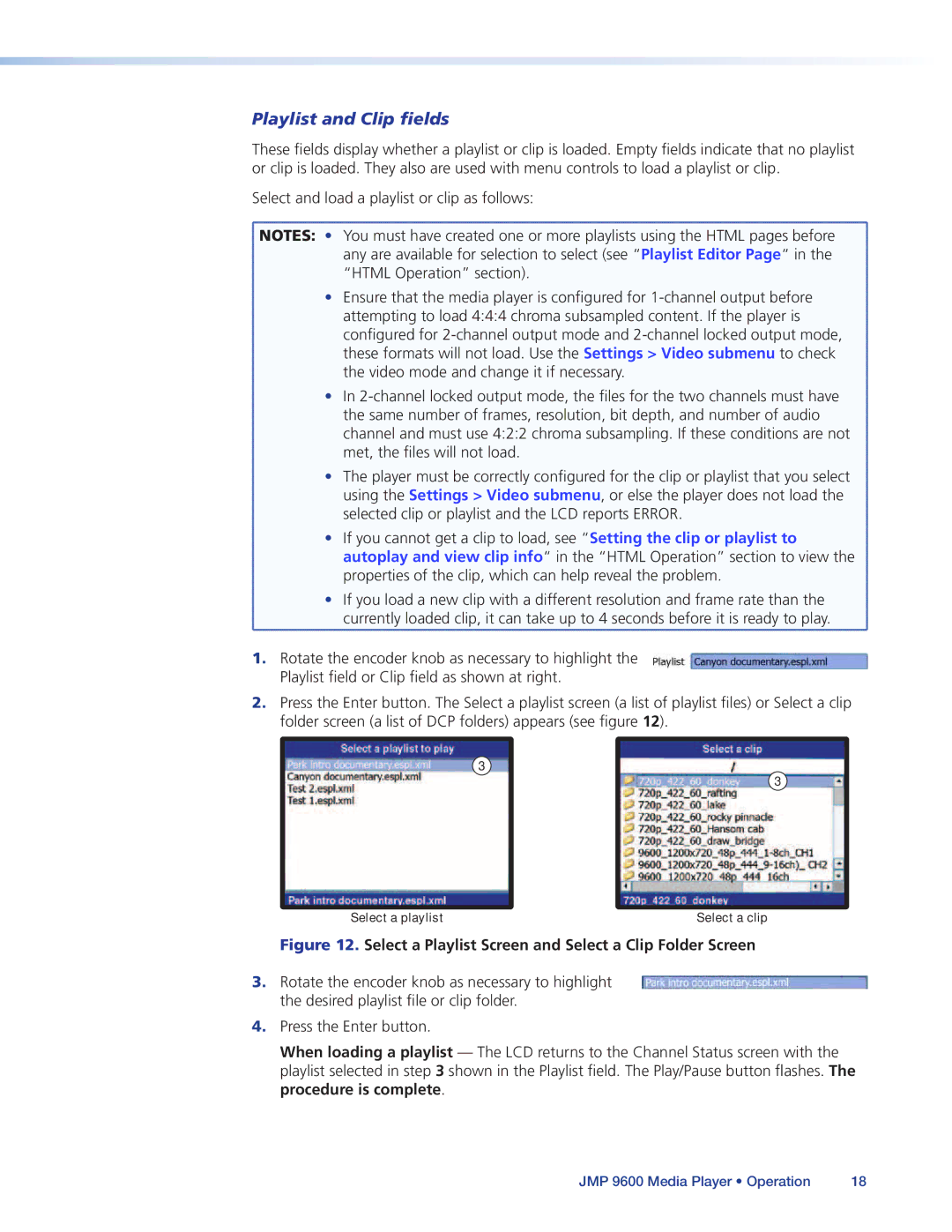 Extron electronic JMP 9600 manual Playlist and Clip fields, Select a Playlist Screen and Select a Clip Folder Screen 