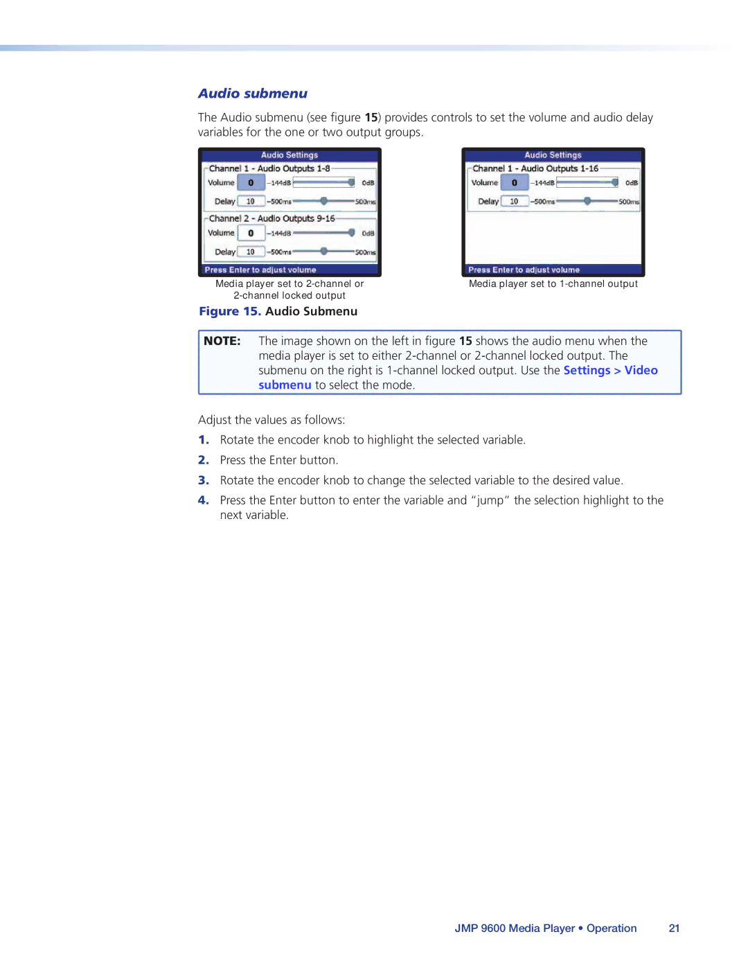 Extron electronic JMP 9600 manual Audio submenu, Audio Submenu 