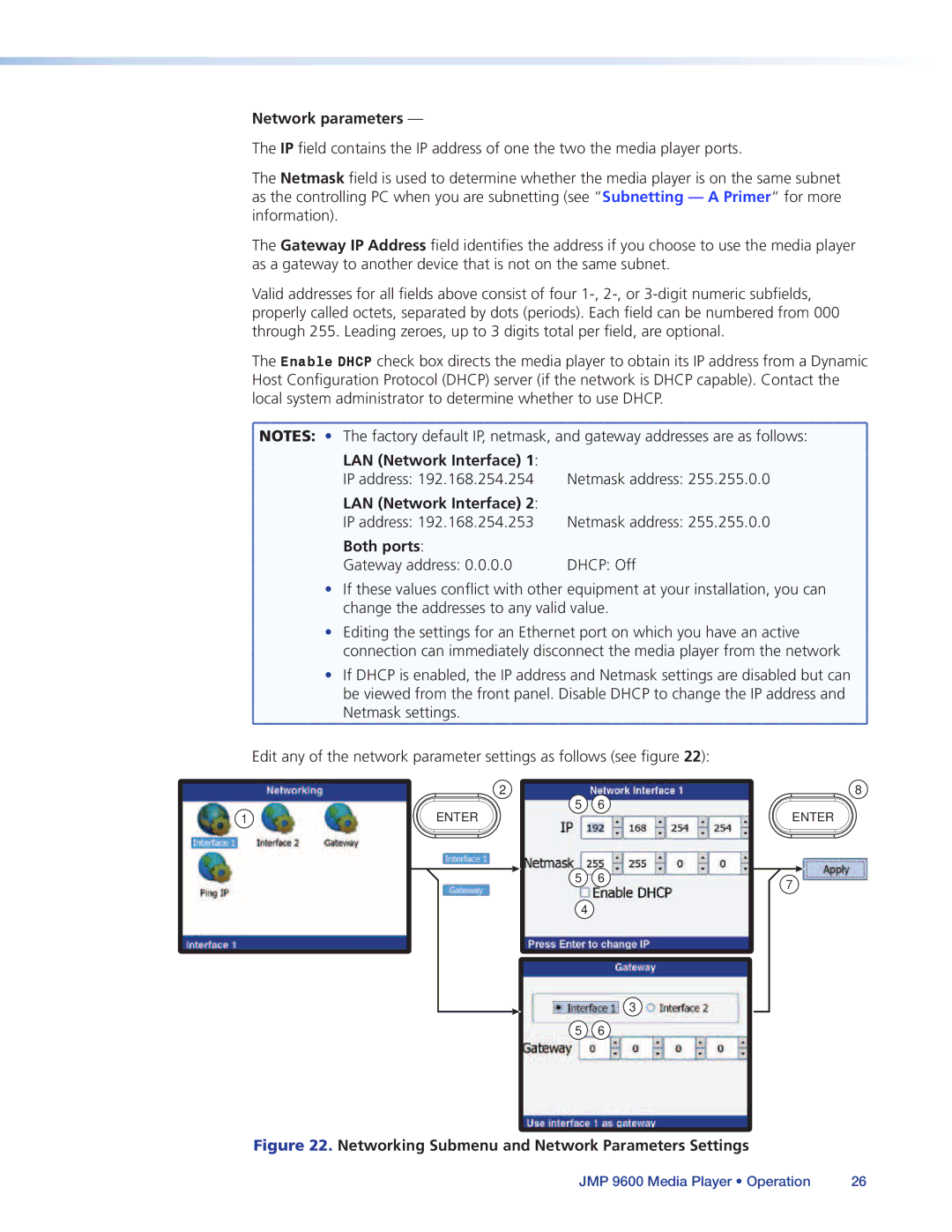 Extron electronic JMP 9600 manual Network parameters, LAN Network Interface 