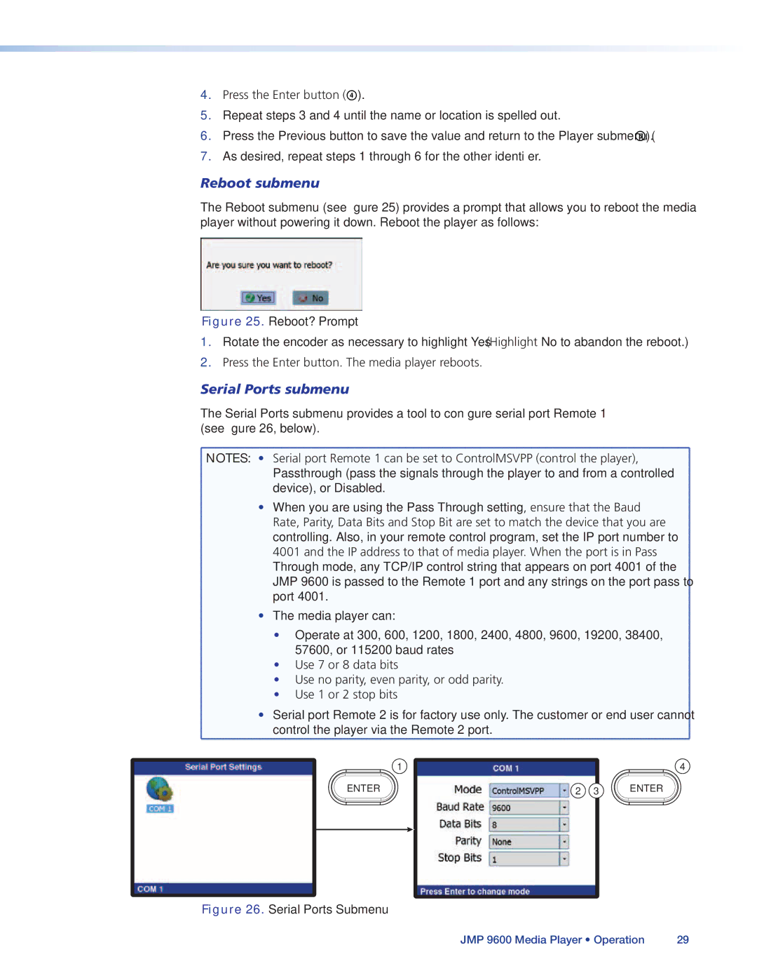 Extron electronic JMP 9600 manual Reboot submenu, Serial Ports submenu 