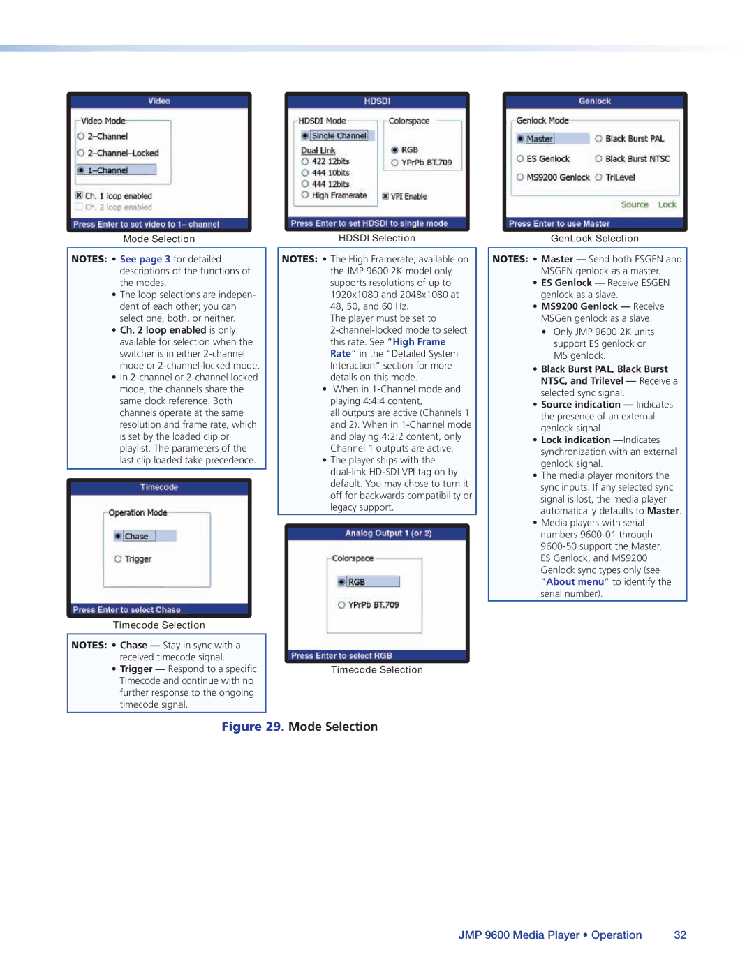 Extron electronic JMP 9600 manual Mode Selection 