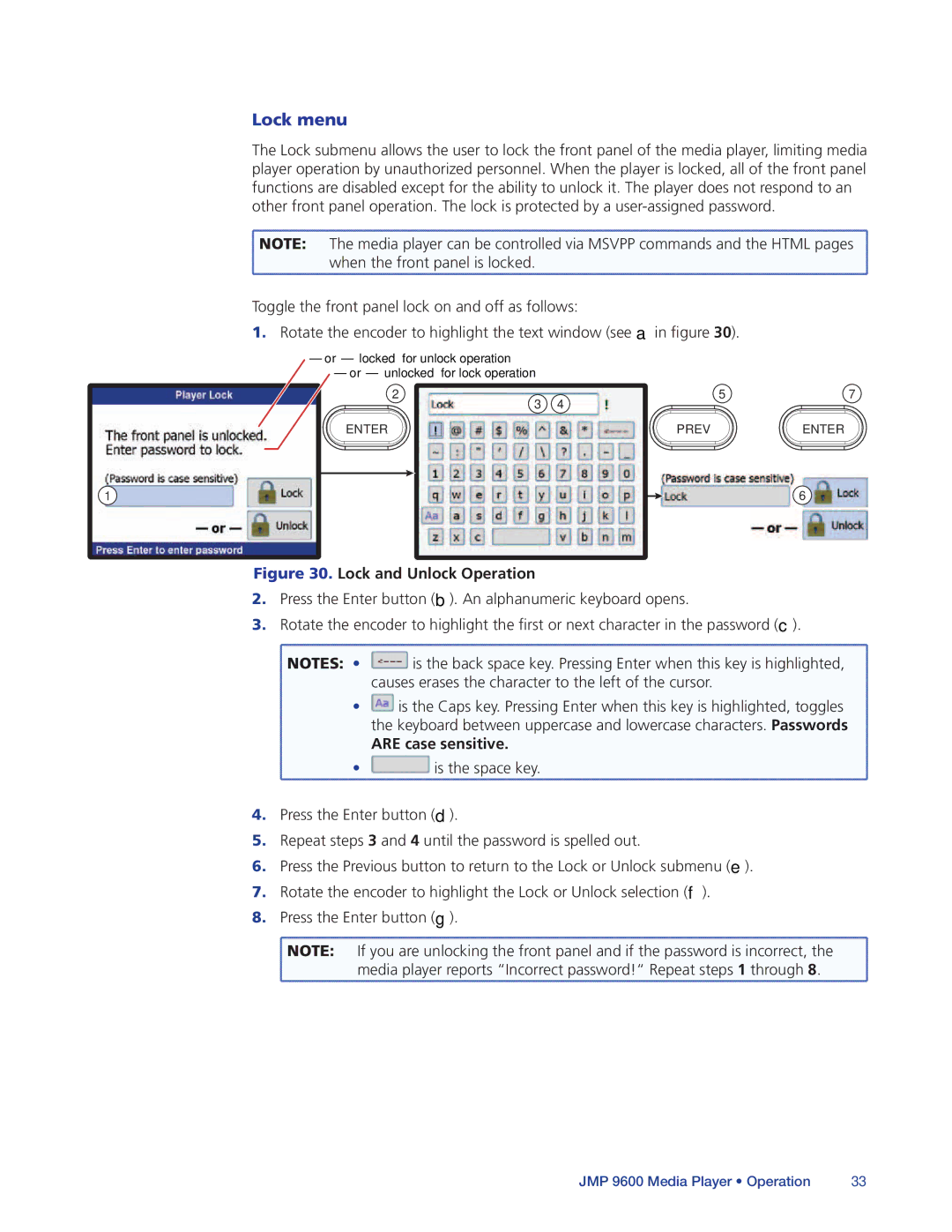Extron electronic JMP 9600 manual Lock menu, Are case sensitive 