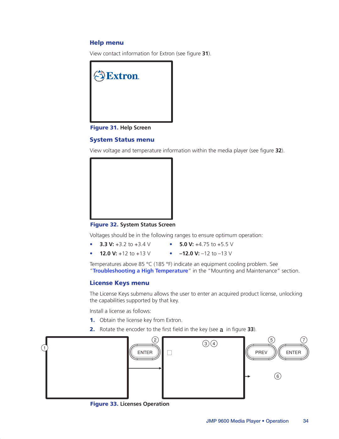 Extron electronic JMP 9600 manual Help menu, System Status menu, License Keys menu 