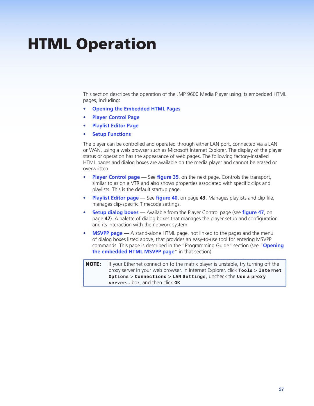 Extron electronic JMP 9600 manual Html Operation, Options Connections LAN Settings, uncheck the Use a proxy 