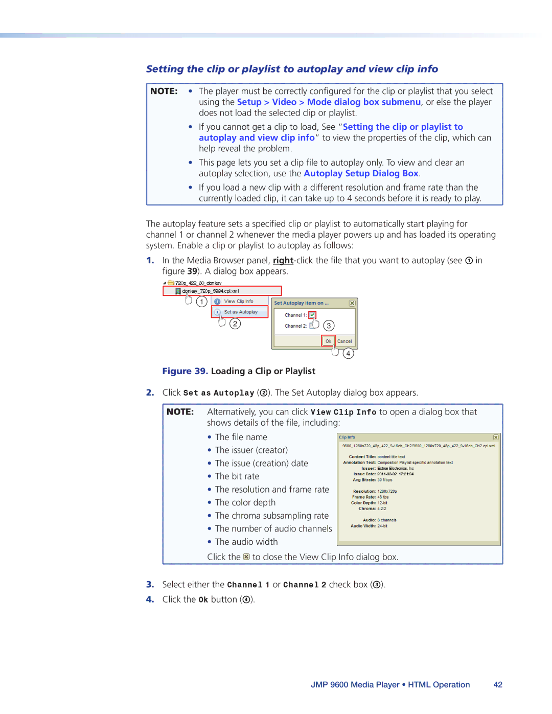 Extron electronic JMP 9600 manual Setting the clip or playlist to autoplay and view clip info 