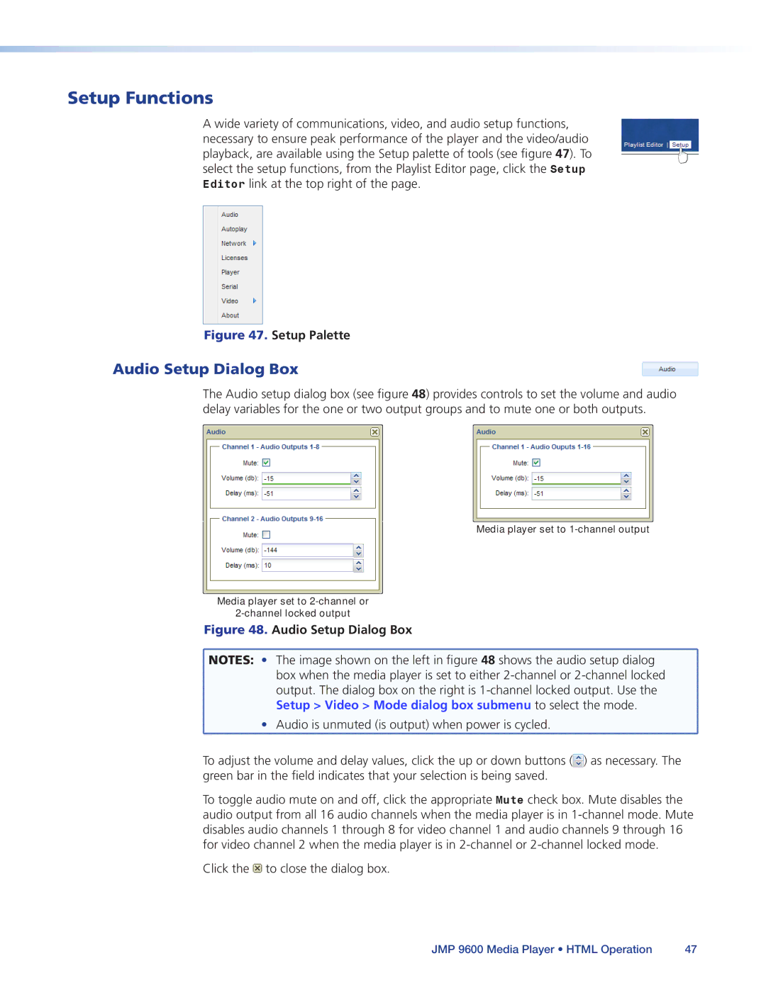 Extron electronic JMP 9600 manual Setup Functions, Audio Setup Dialog Box 