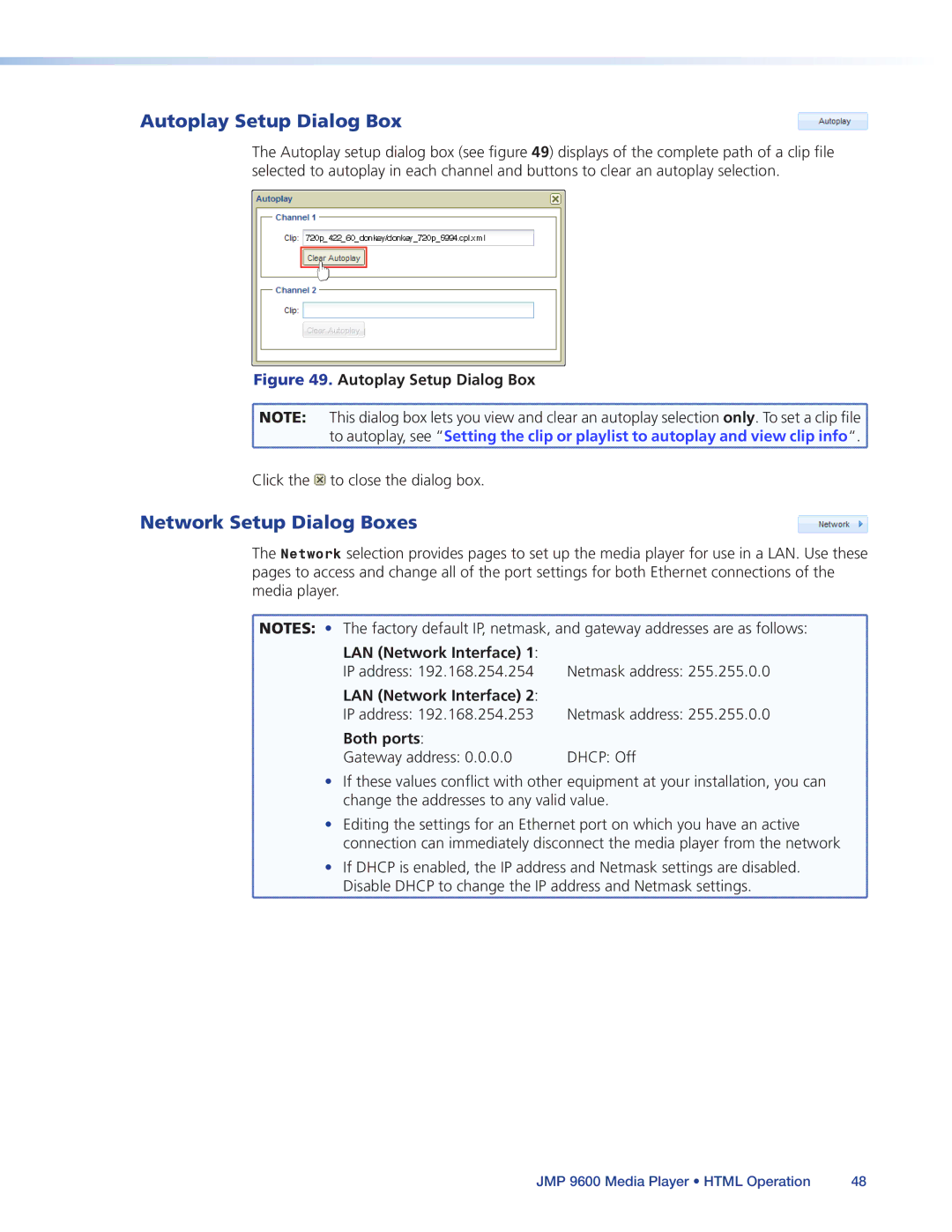 Extron electronic JMP 9600 manual Autoplay Setup Dialog Box, Network Setup Dialog Boxes 