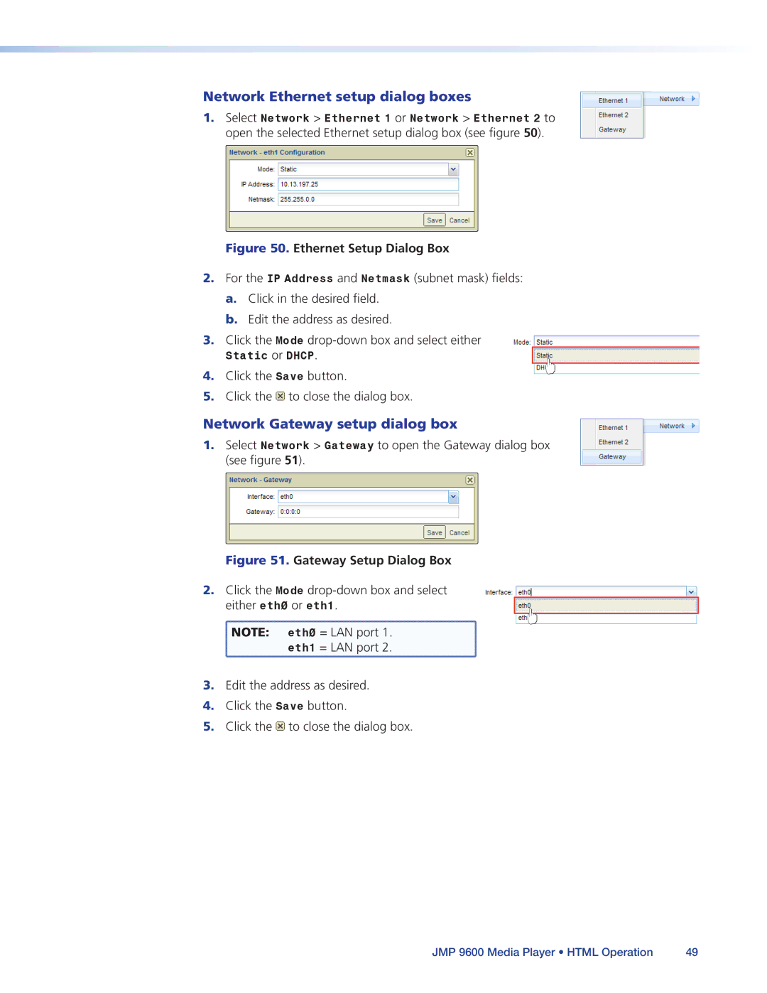 Extron electronic JMP 9600 manual Network Ethernet setup dialog boxes, Network Gateway setup dialog box, Eth0 = LAN port 
