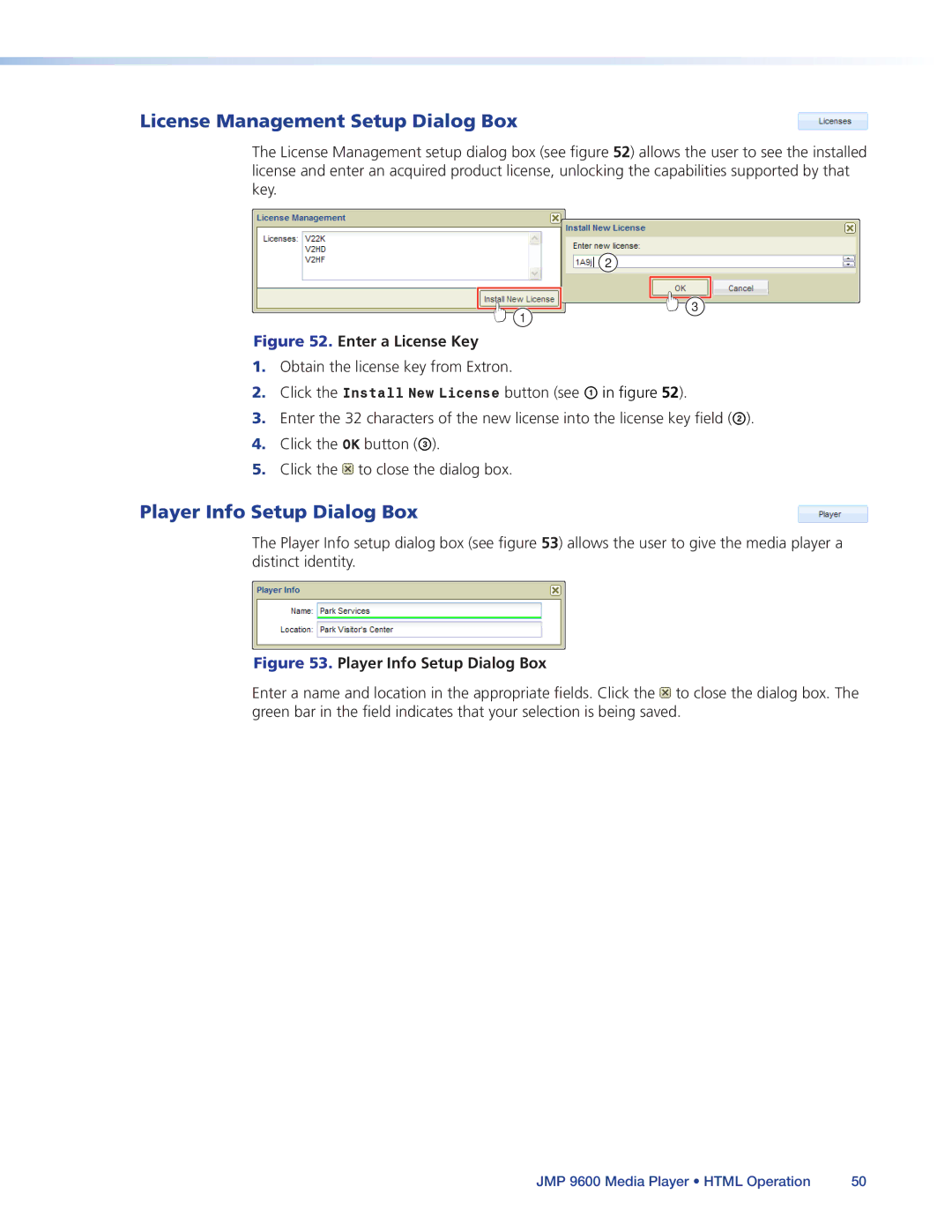 Extron electronic JMP 9600 manual License Management Setup Dialog Box, Player Info Setup Dialog Box 