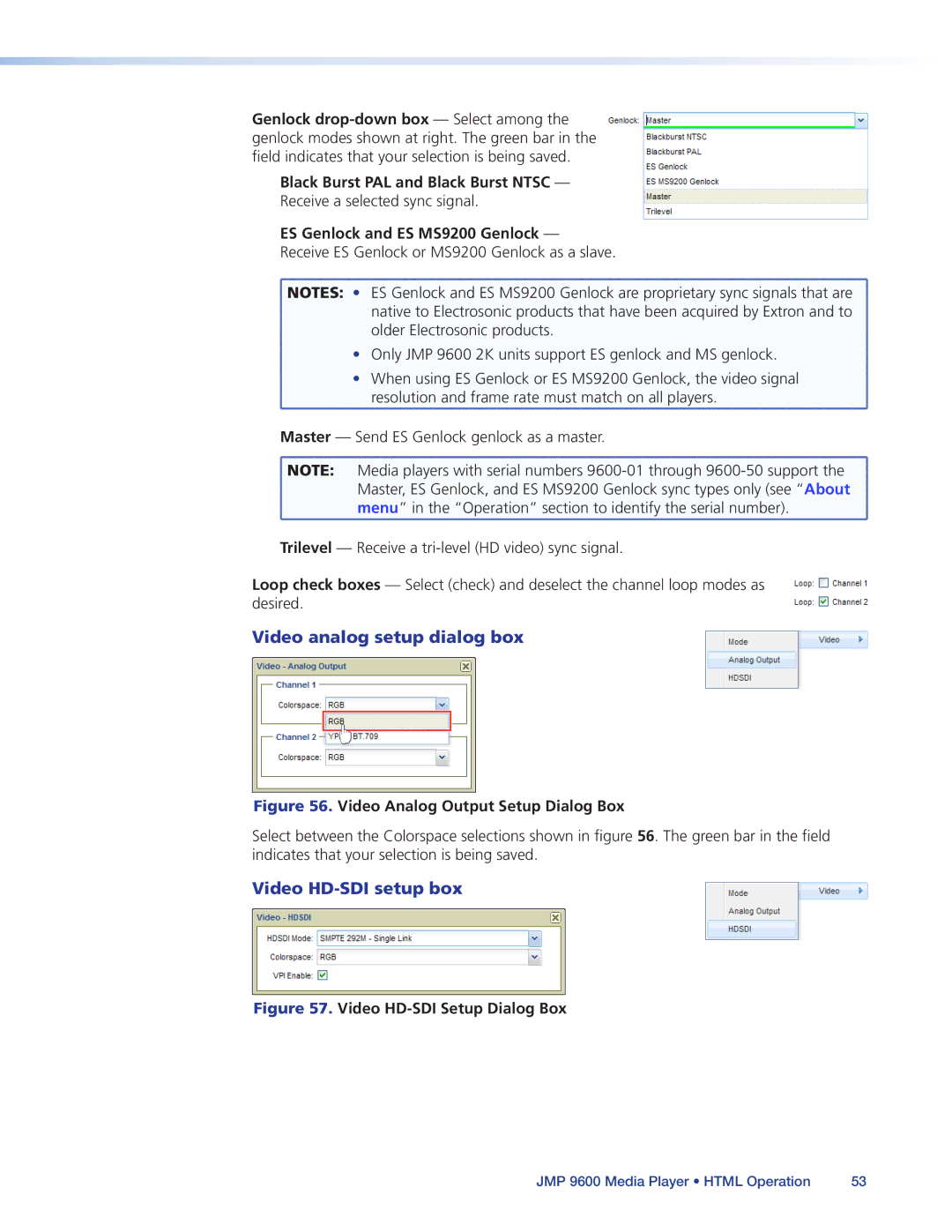 Extron electronic JMP 9600 manual Video analog setup dialog box, Video HD-SDI setup box, ES Genlock and ES MS9200 Genlock 