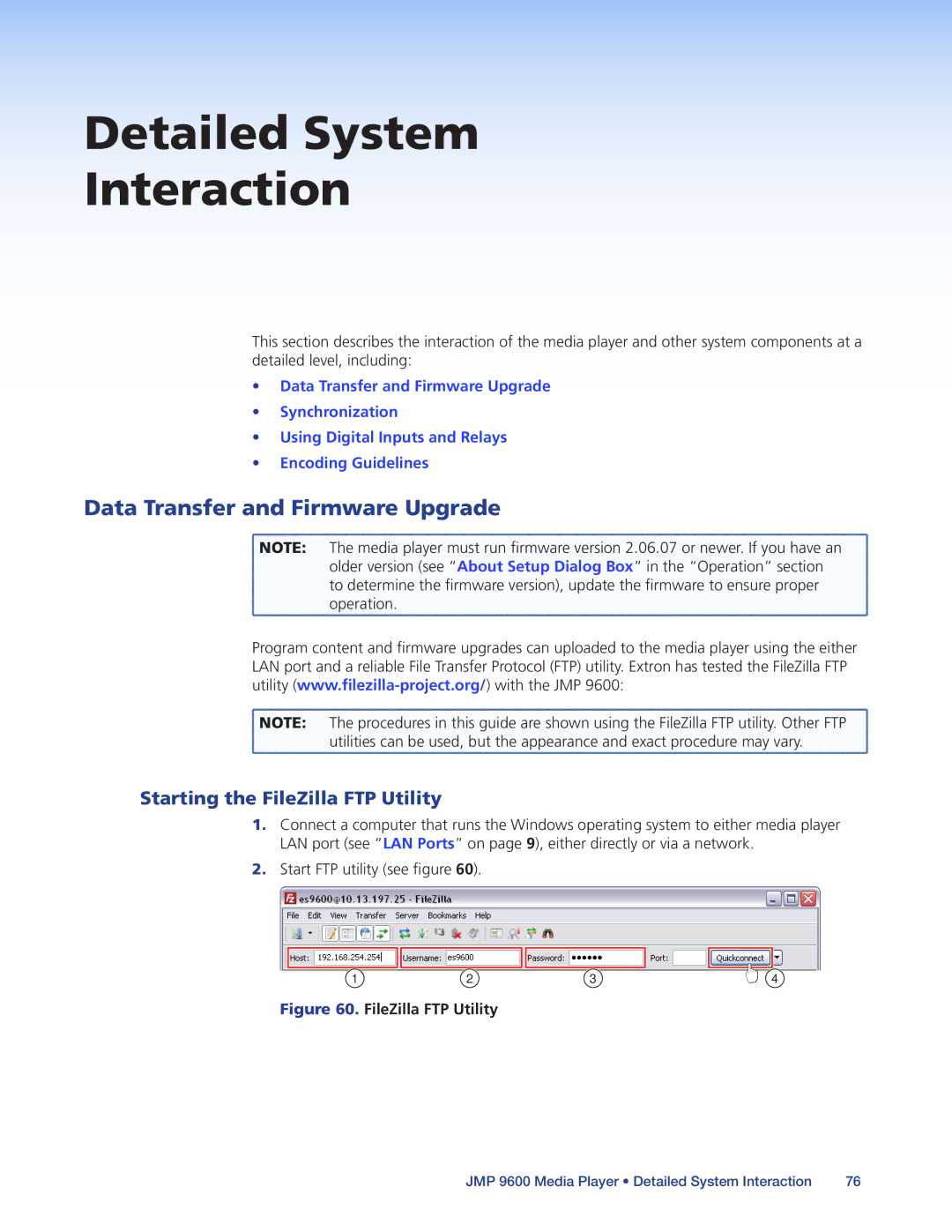 Extron electronic JMP 9600 manual Data Transfer and Firmware Upgrade, Starting the FileZilla FTP Utility 