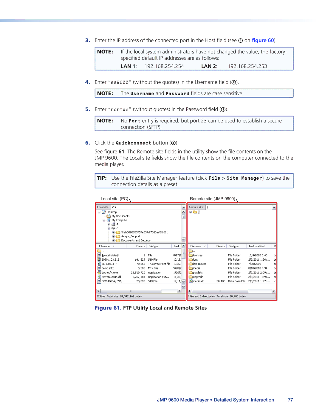 Extron electronic JMP 9600 manual FTP Utility Local and Remote Sites 