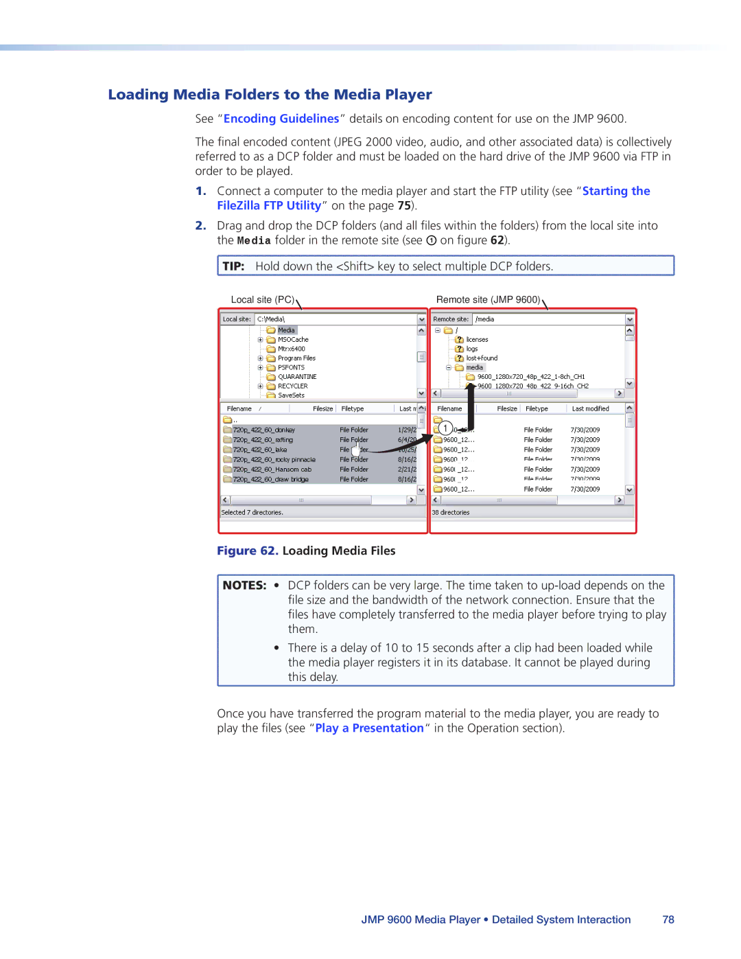 Extron electronic JMP 9600 manual Loading Media Folders to the Media Player, Loading Media Files 