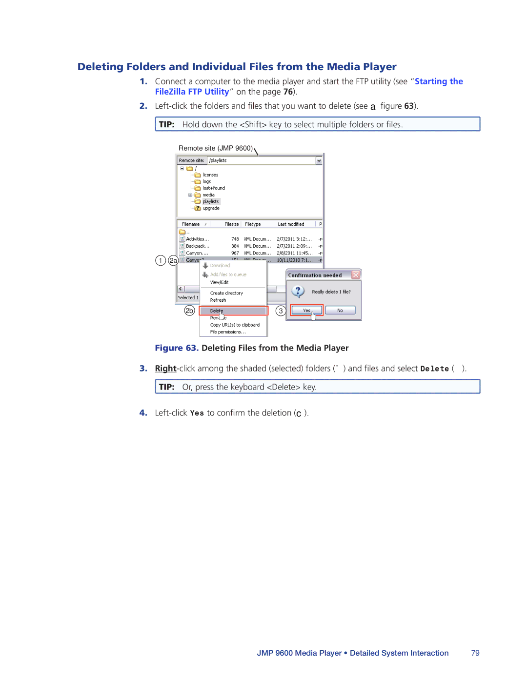 Extron electronic JMP 9600 manual Deleting Folders and Individual Files from the Media Player 