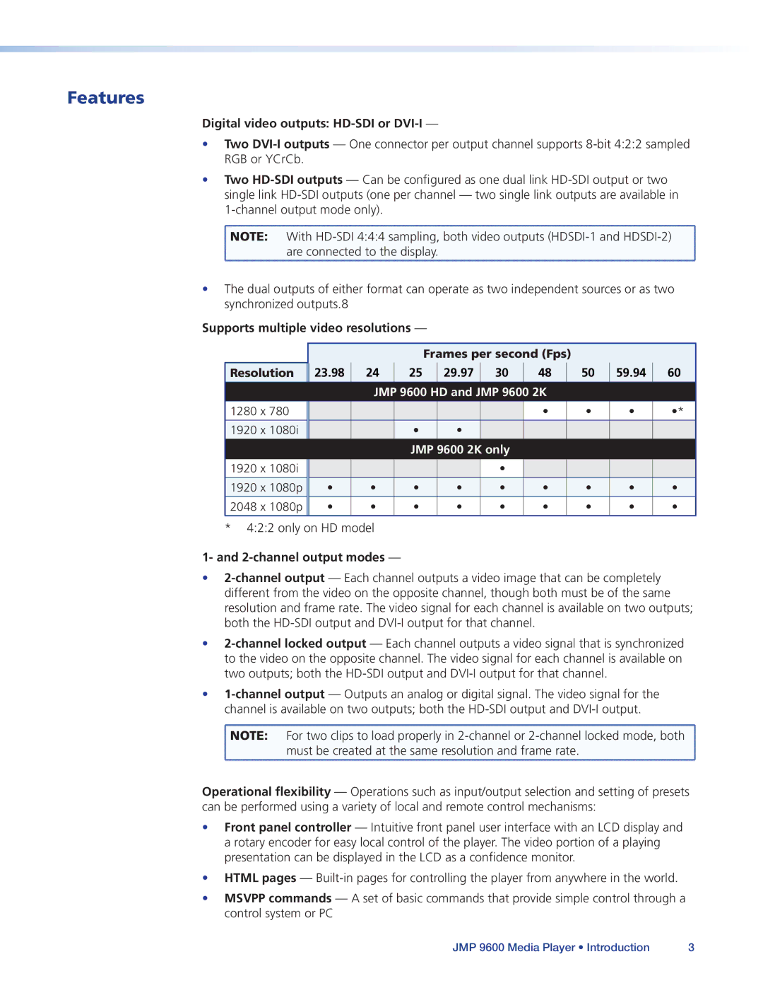 Extron electronic JMP 9600 manual Features, Digital video outputs HD-SDI or DVI-I, channel output modes 