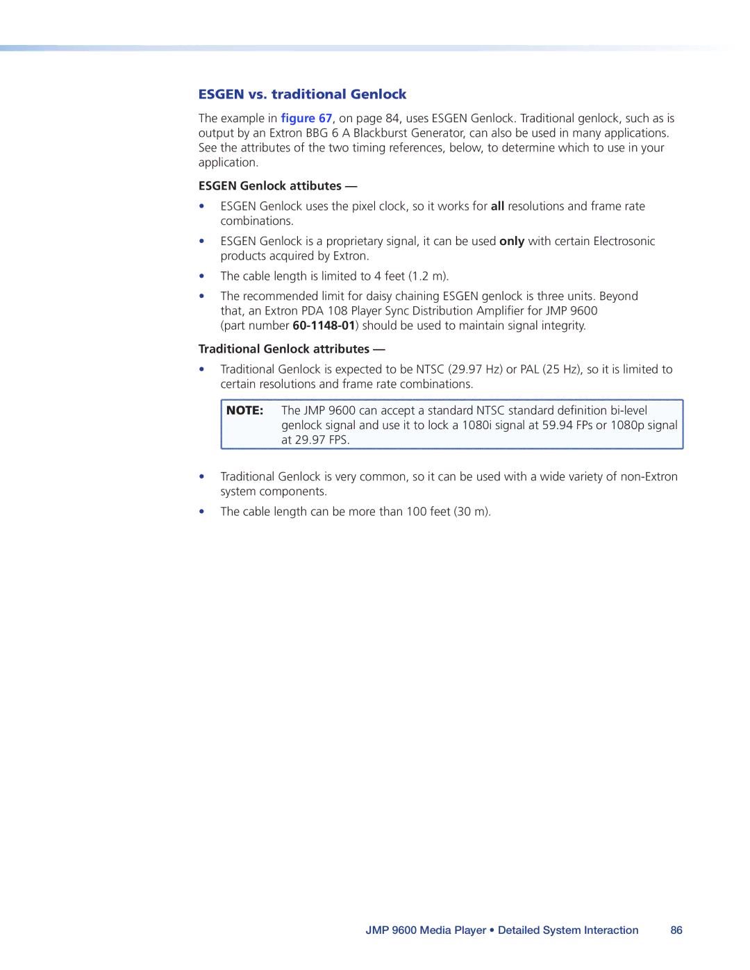 Extron electronic JMP 9600 manual Esgen vs. traditional Genlock, Esgen Genlock attibutes, Traditional Genlock attributes 