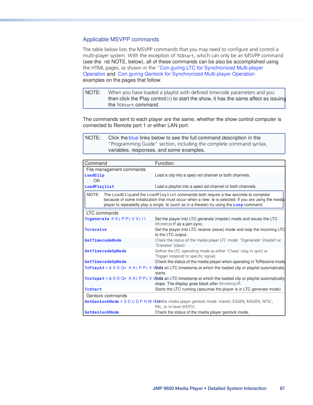 Extron electronic JMP 9600 manual Applicable Msvpp commands, LTC commands, Genlock commands 