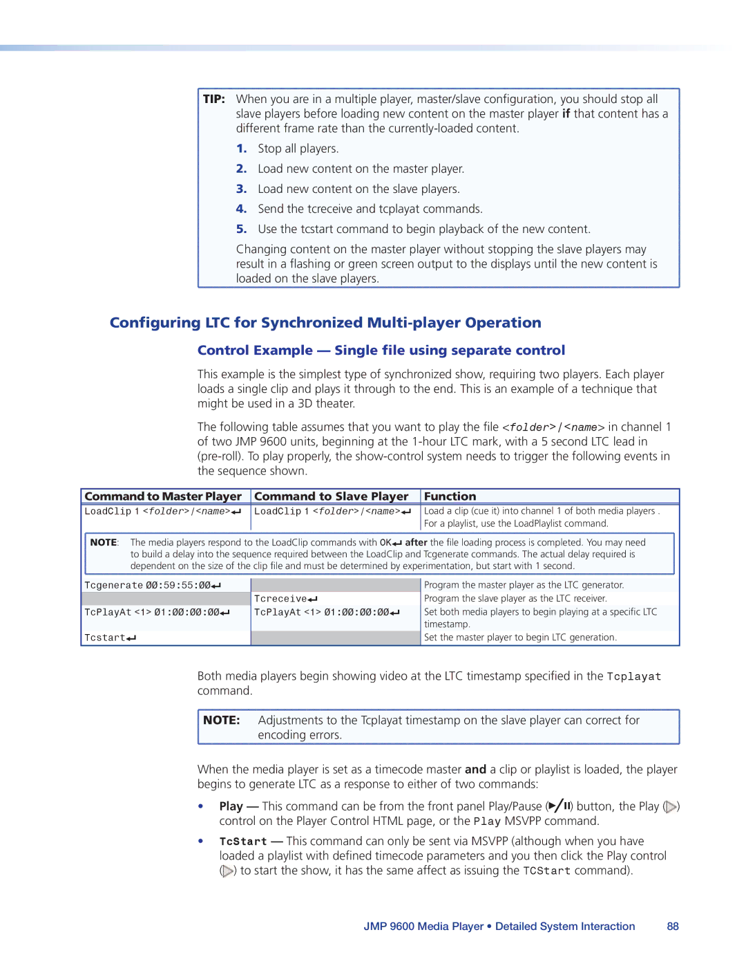 Extron electronic JMP 9600 manual Configuring LTC for Synchronized Multi-player Operation 