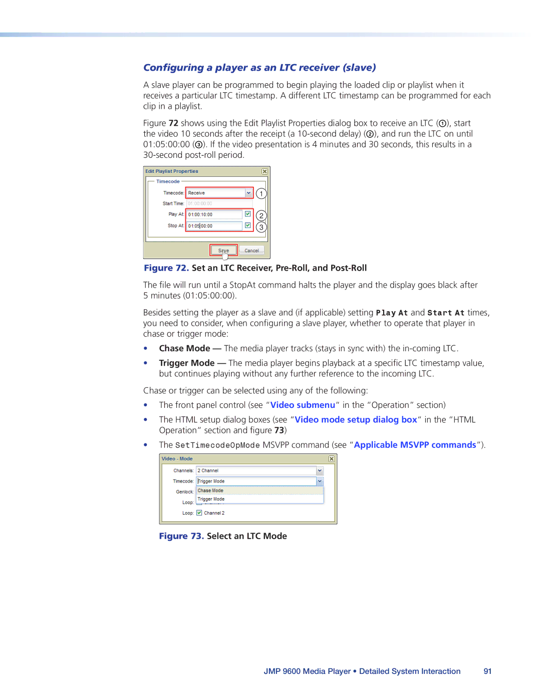 Extron electronic JMP 9600 Configuring a player as an LTC receiver slave, Set an LTC Receiver, Pre-Roll, and Post-Roll 