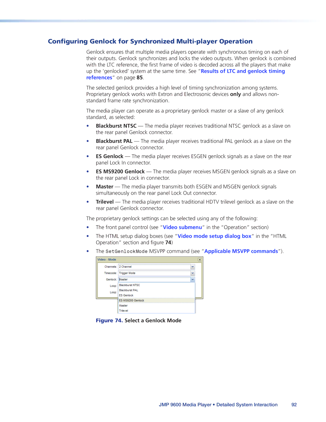 Extron electronic JMP 9600 manual Configuring Genlock for Synchronized Multi-player Operation, Select a Genlock Mode 