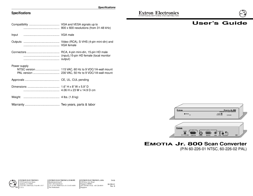 Extron electronic JR.800 specifications User’s Guide, Emotia Jr Scan Converter, NTSC, 60-226-02 PAL, Specifications 