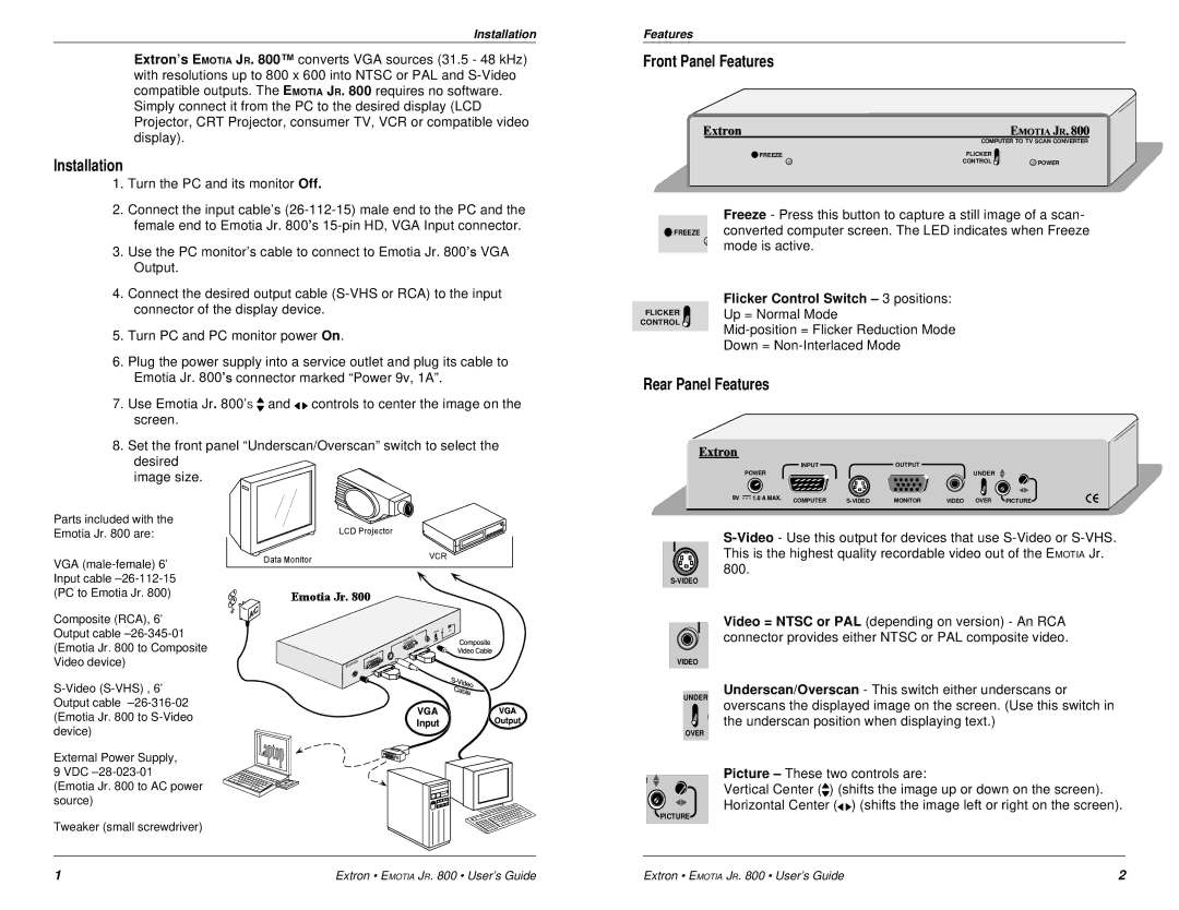 Extron electronic JR.800 specifications Installation, Front Panel Features, Rear Panel Features, Extron 