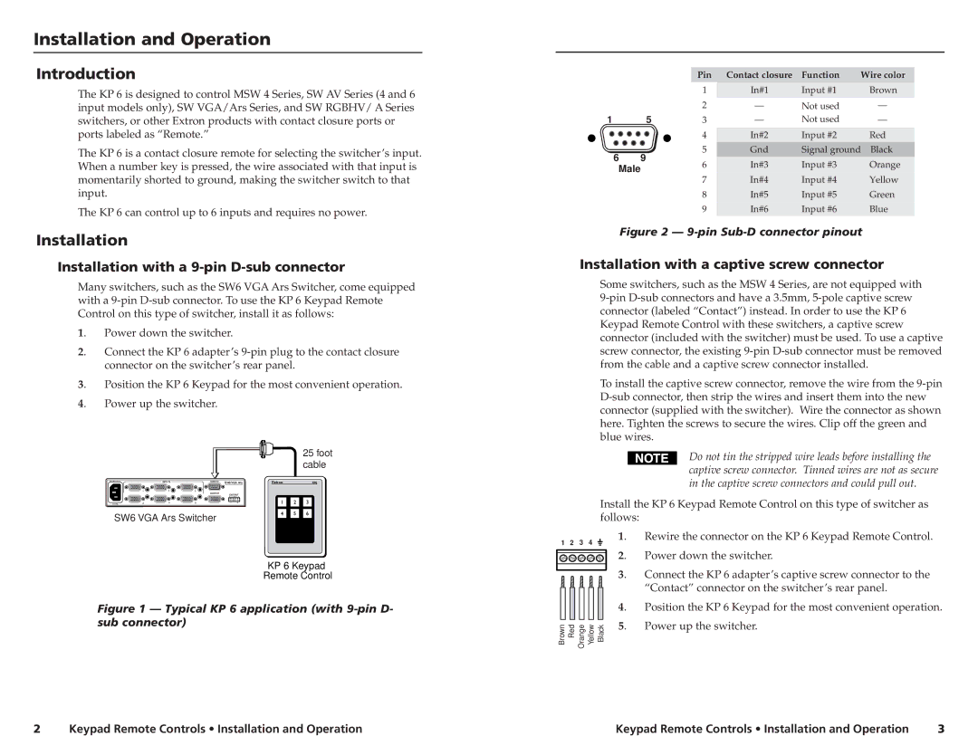 Extron electronic KP 6 specifications Introduction, Installation with a 9-pin D-sub connector 