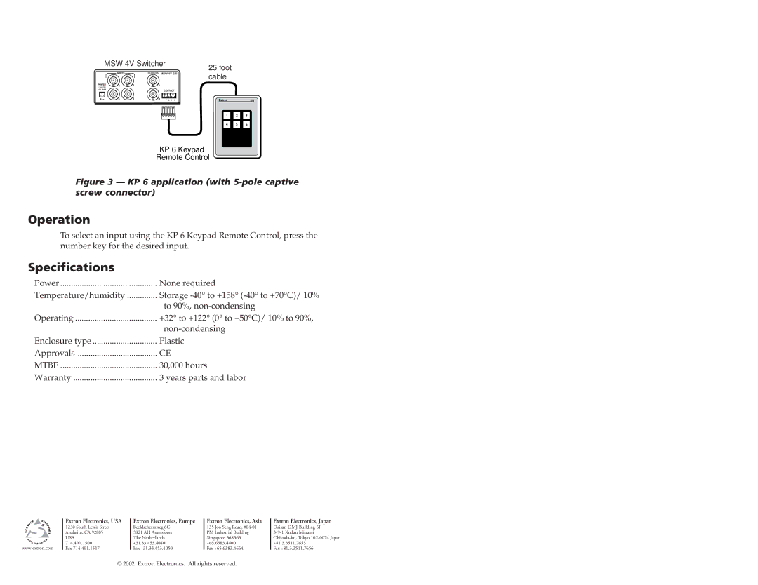 Extron electronic KP 6 specifications Operation, Specifications 